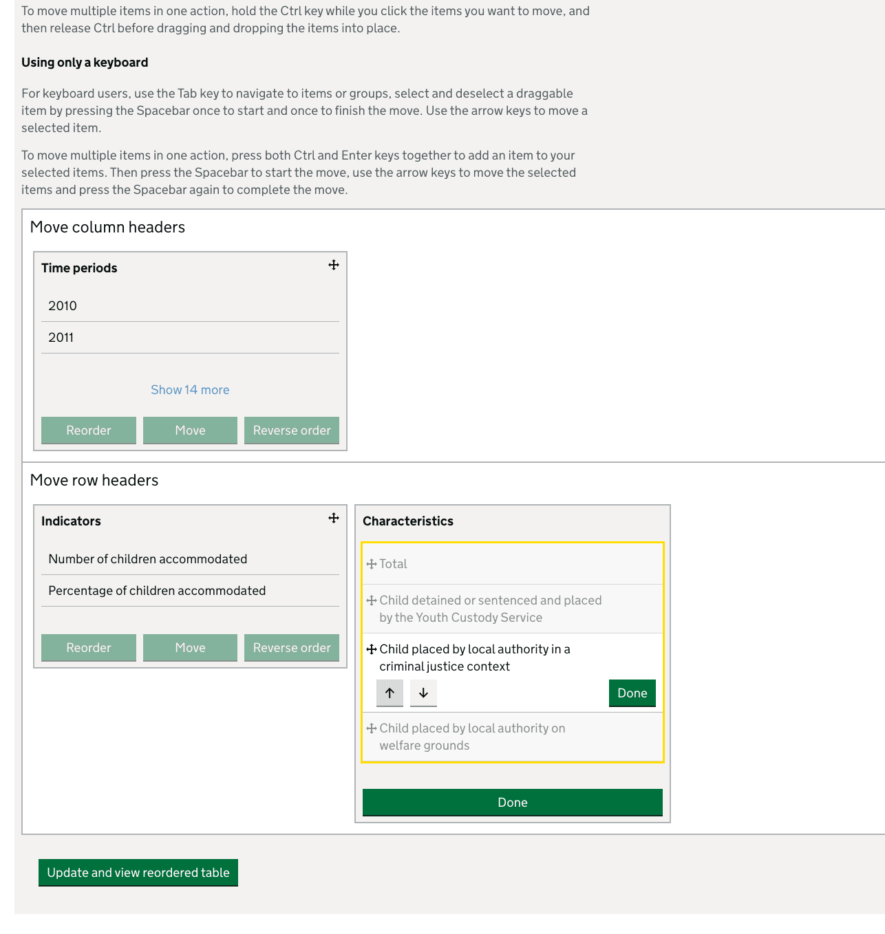 Table re-ordering with keyboard controls and also drag and drop