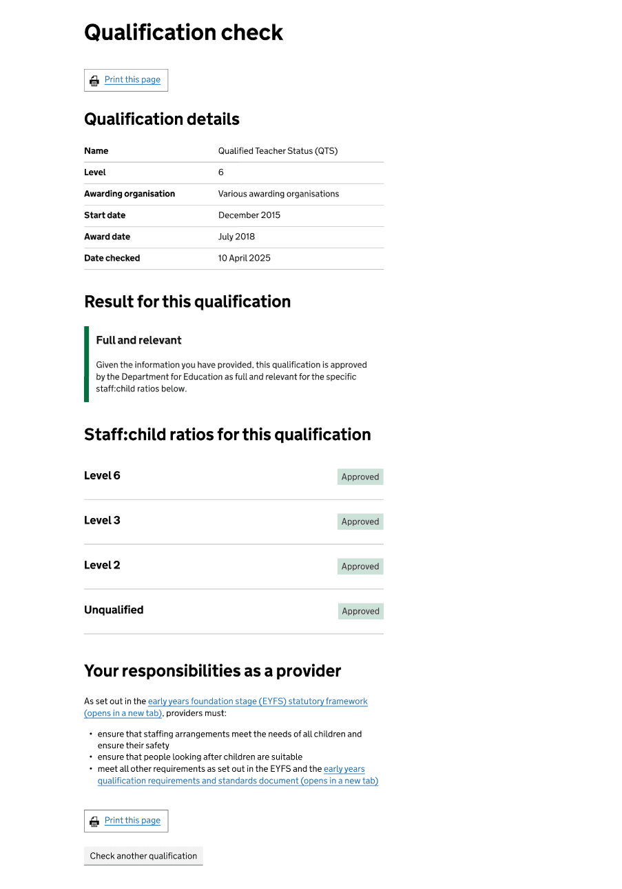 screenshot of result page with print button at both the top and bottom