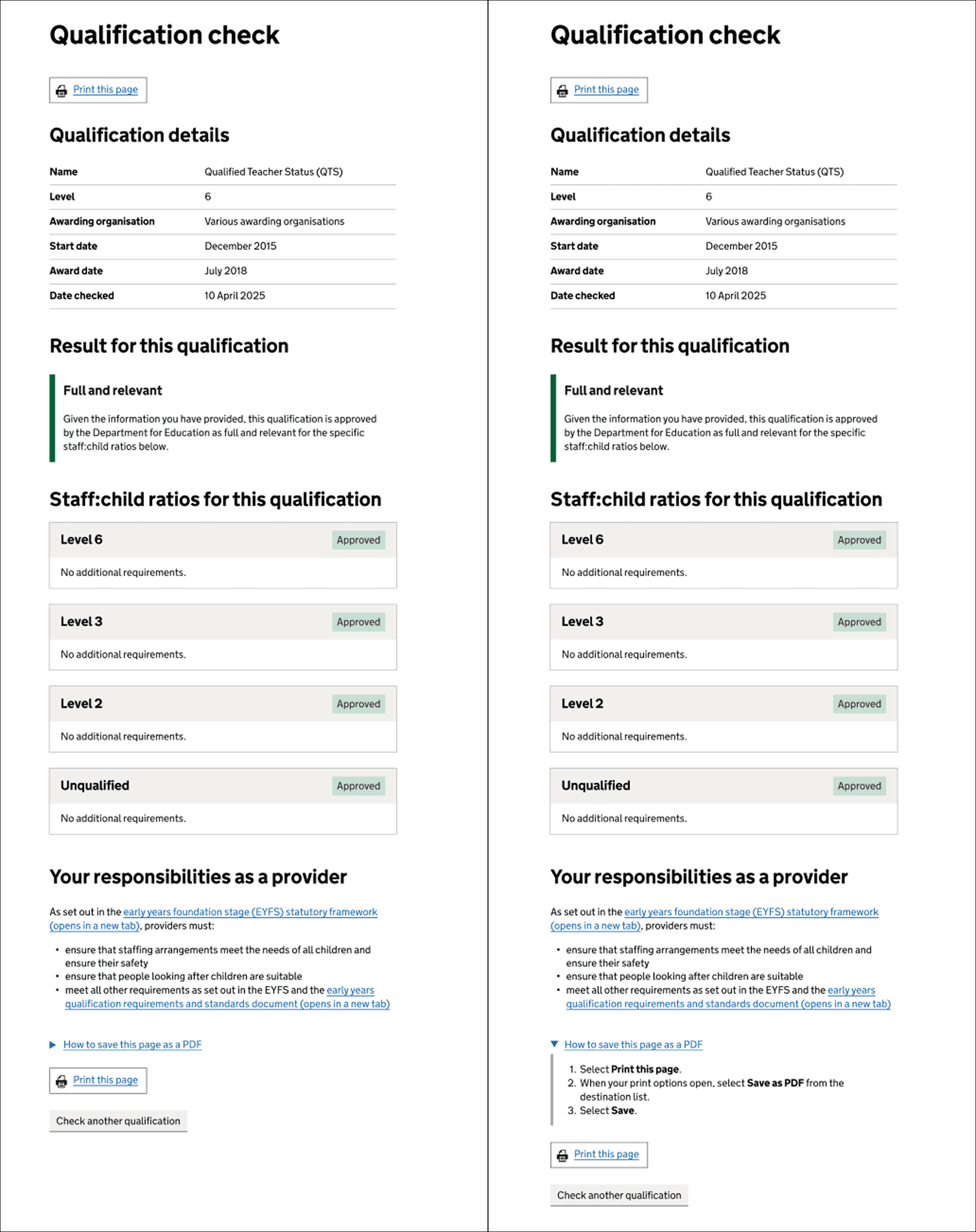 screenshot of the result page with the details component collapsed and expanded