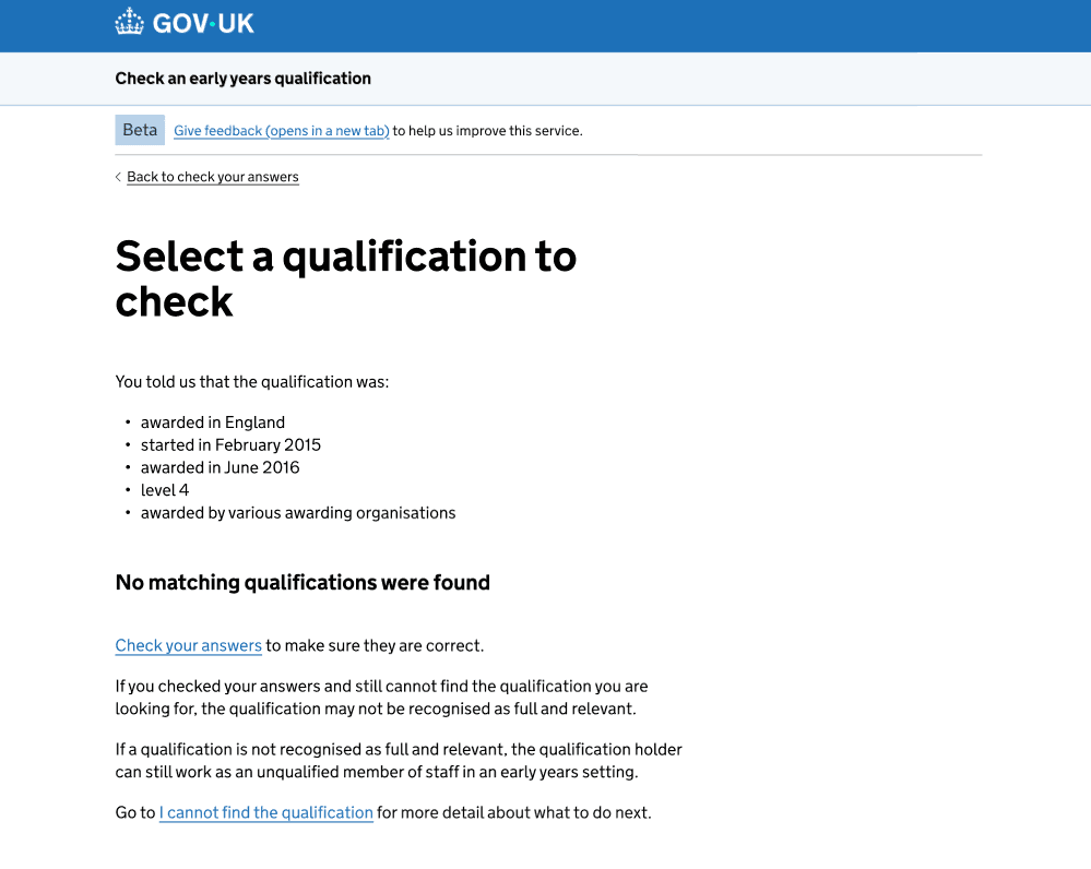 Screenshot of the iterated results page when there are no qualifications found