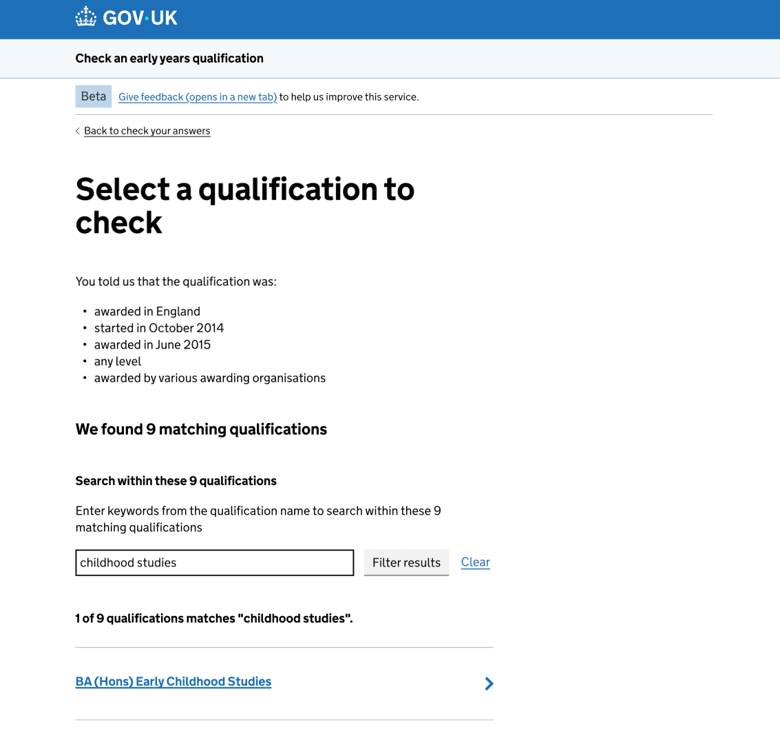 Screenshot of the results page after entering some keywords