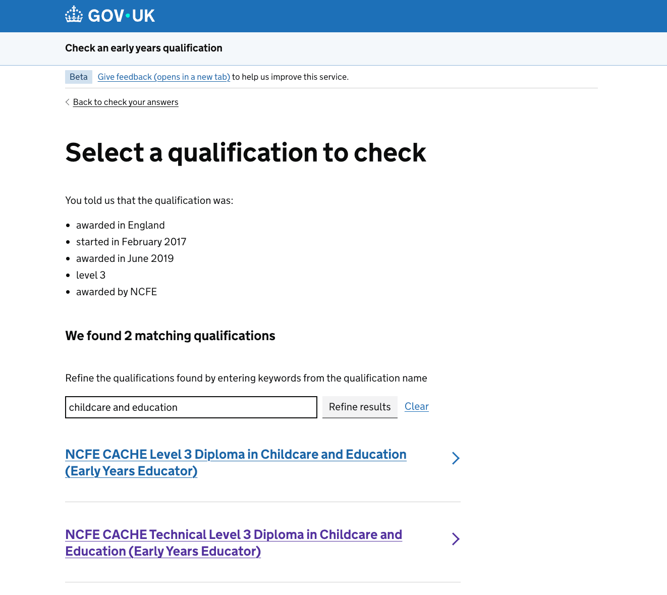 Screenshot of the ‘Select a qualification to check’ page with some matching qualifications found based on the keywords entered