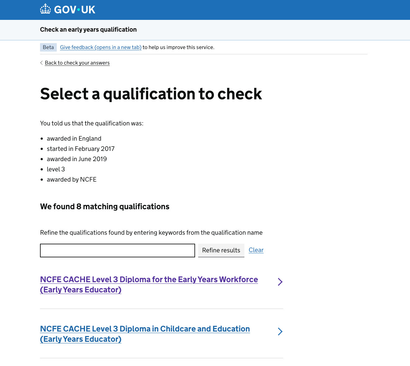 Screenshot of the ‘Select a qualification to check’ page with some matching qualifications