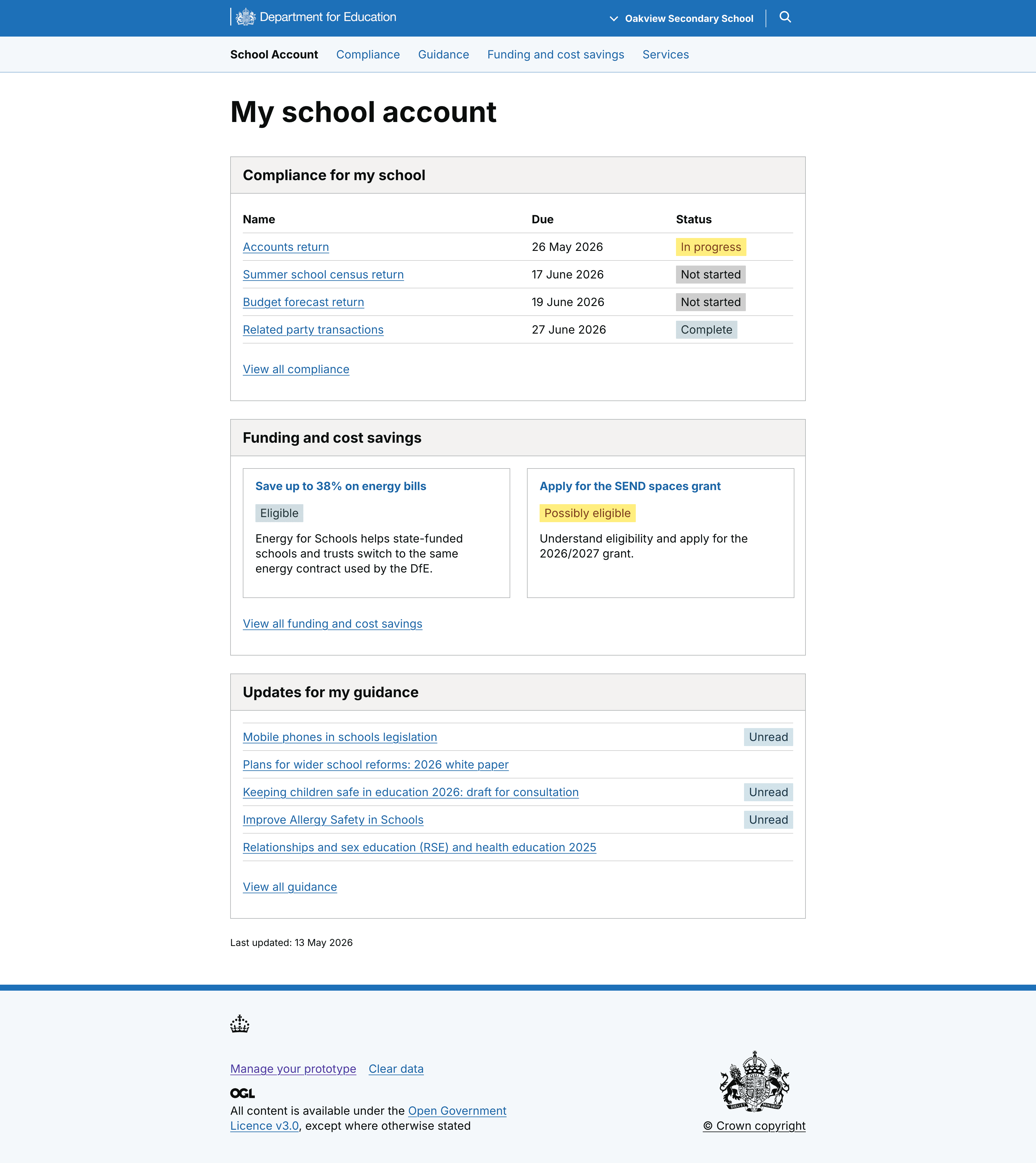 School Account hub page