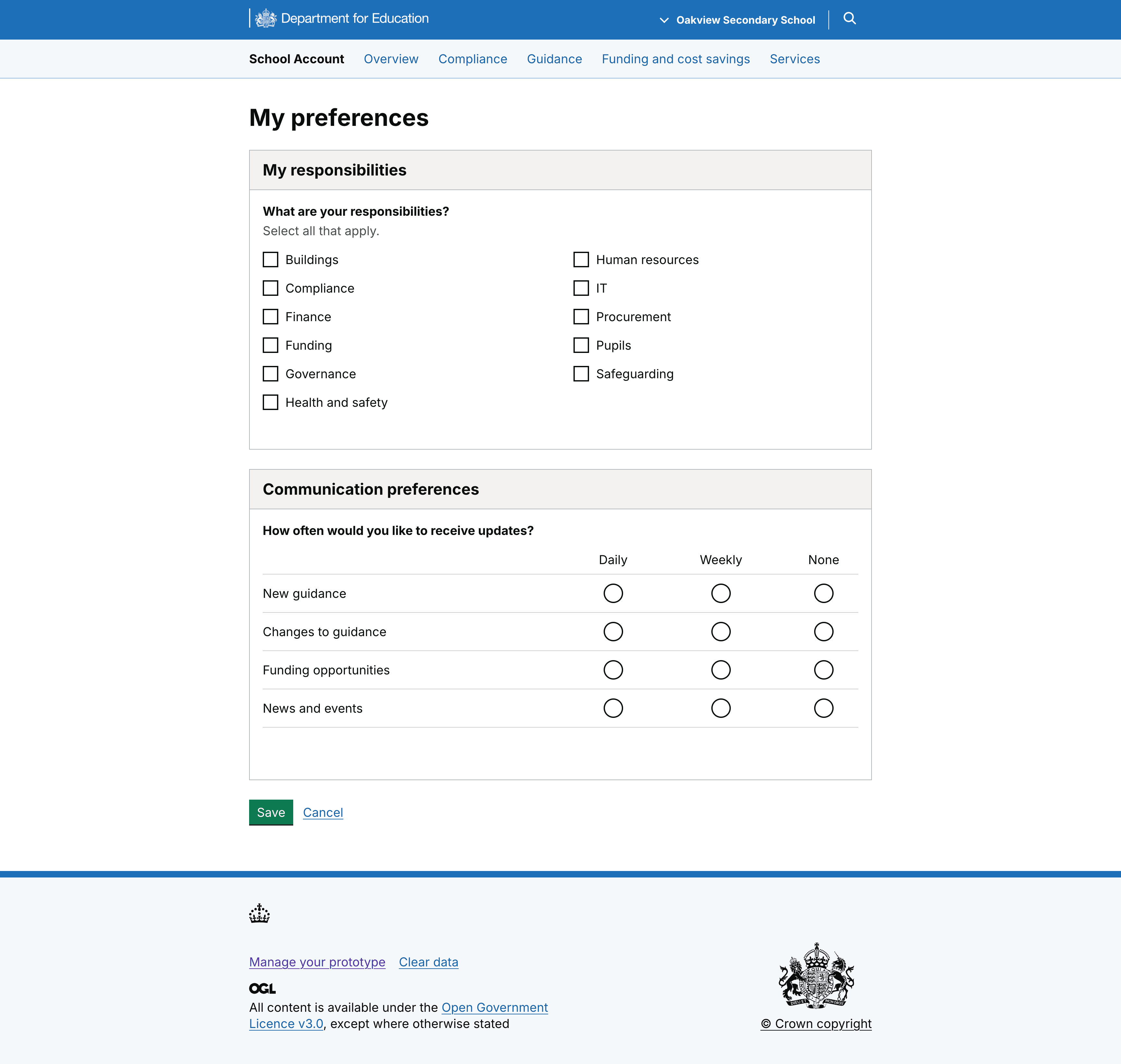 School Account preferences page