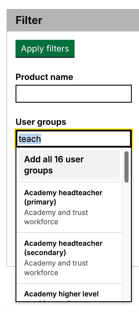 Screenshot of searching by user group in filter component