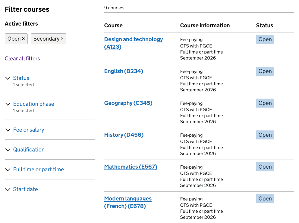 Adding filters to the course list