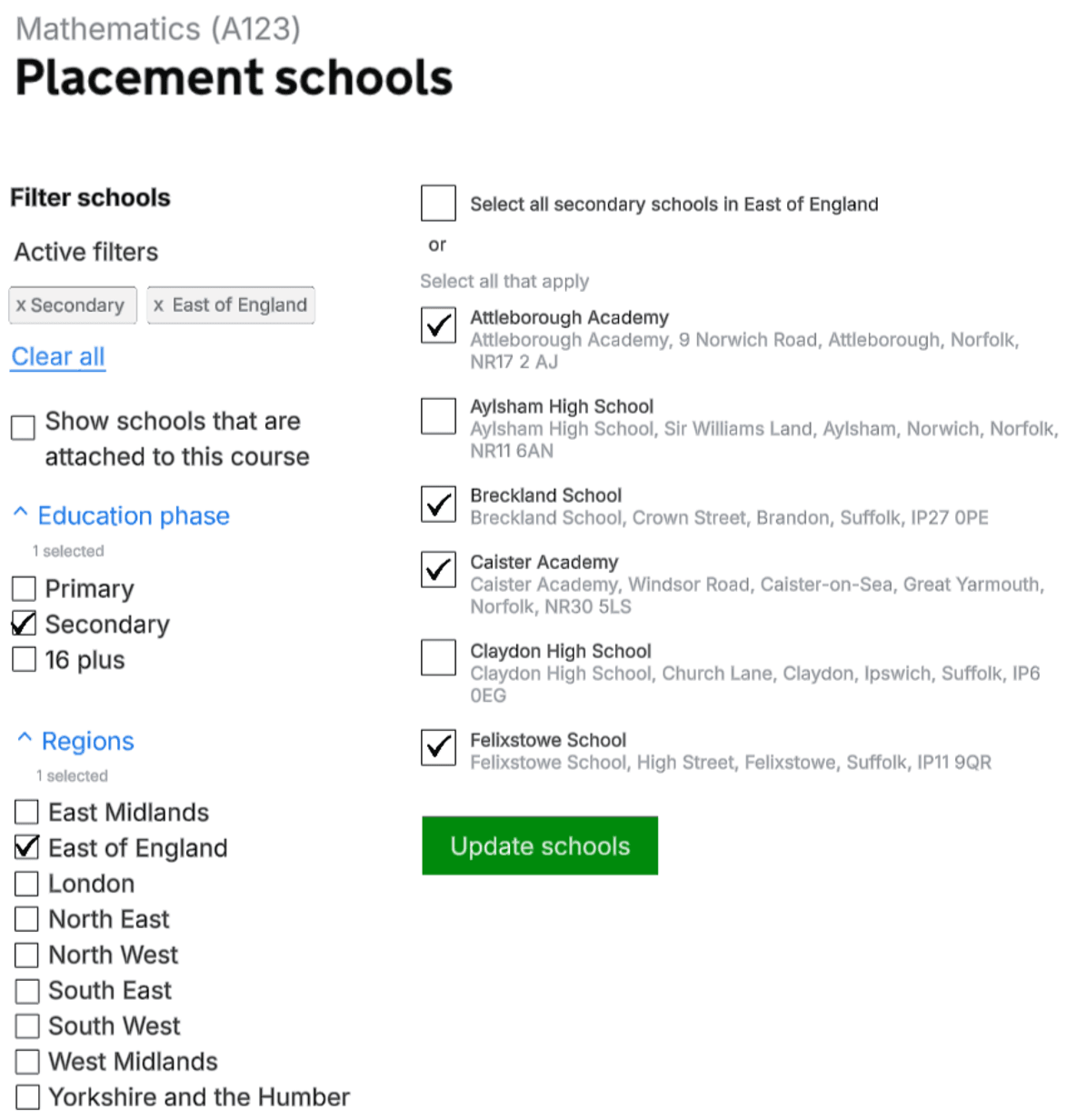 Design exploration on adding filters to the checkbox list of attaching schools to courses