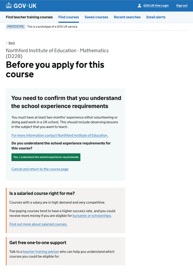New interruption page that appears when a candidate clicks an apply button on the course page, which repeats the school experience requirements for the course