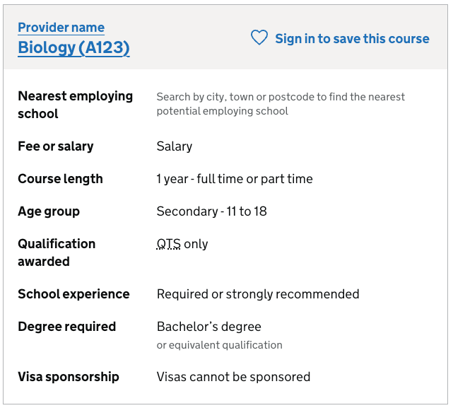 Search result of a course with school experience requirements added