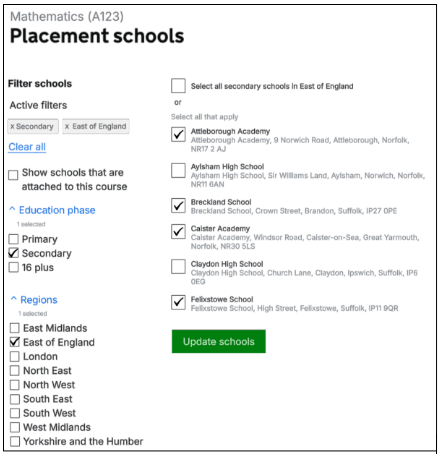 Design exploration adding filters to the attaching schools to courses page
