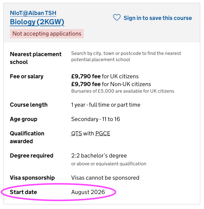 Current search results page on Find, showing one result entry with the start date displayed