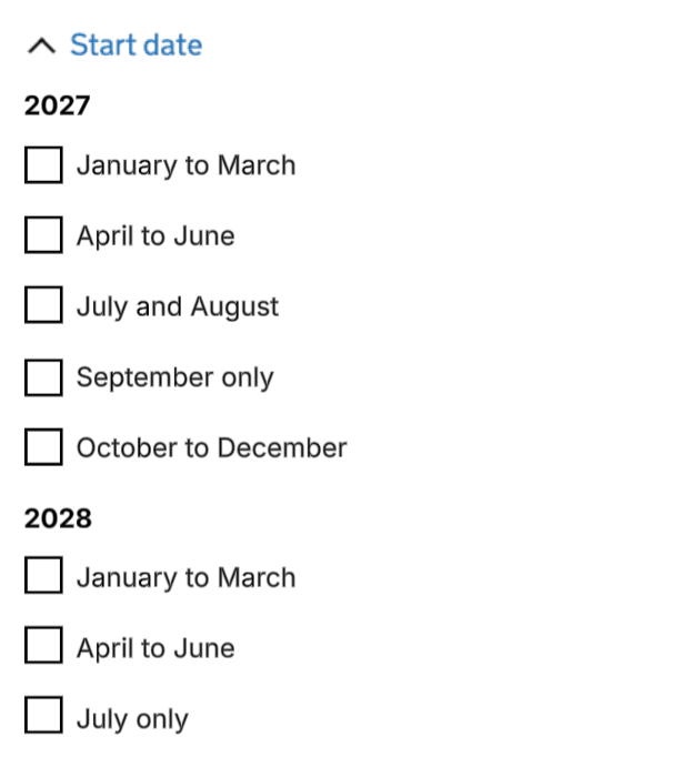 Updated start date filter showing more options with smaller date ranges
