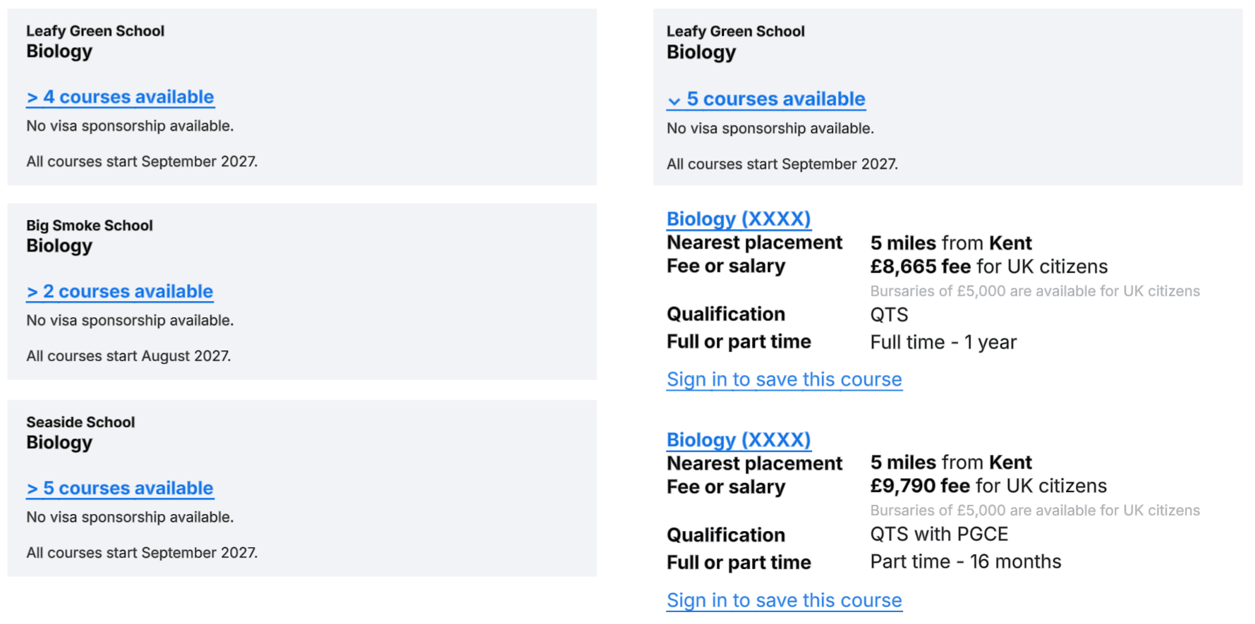 Design exploration looking at compressing grouped courses into a details component that can be expanded to see the courses within it