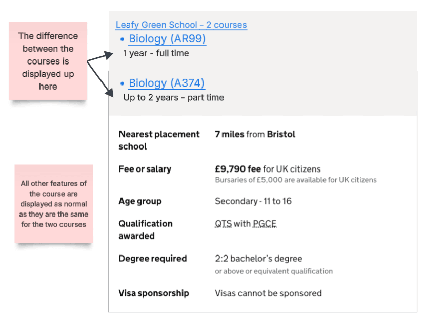 Design exploration in looking at displaying the differences between courses at the top of the search results and the similarities below