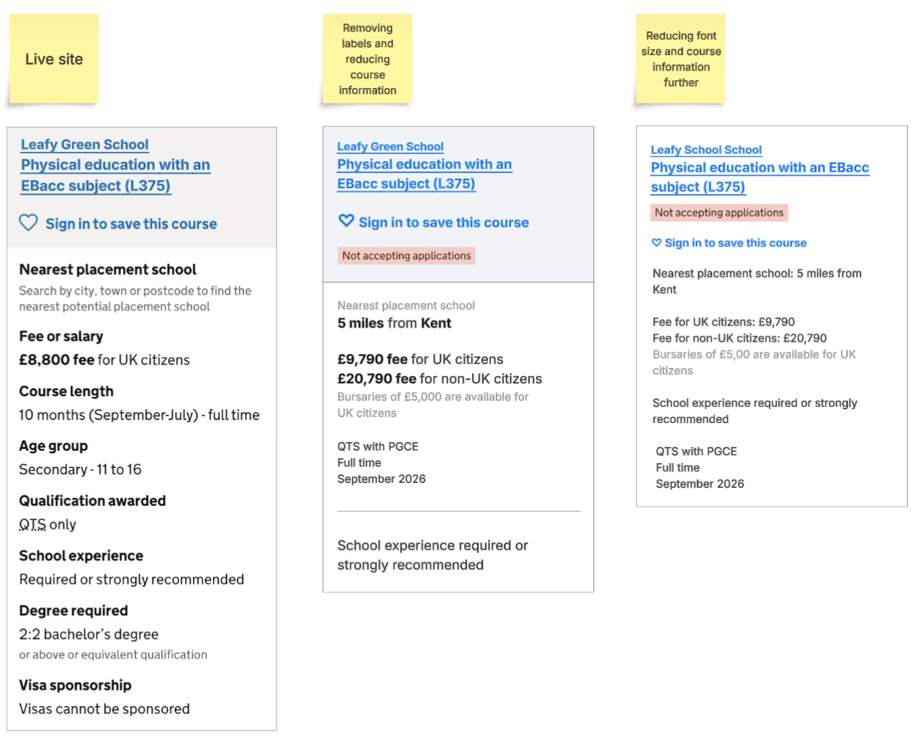 Design exploration looking to remove information from the search results to simplify them, such as the labels and some course information