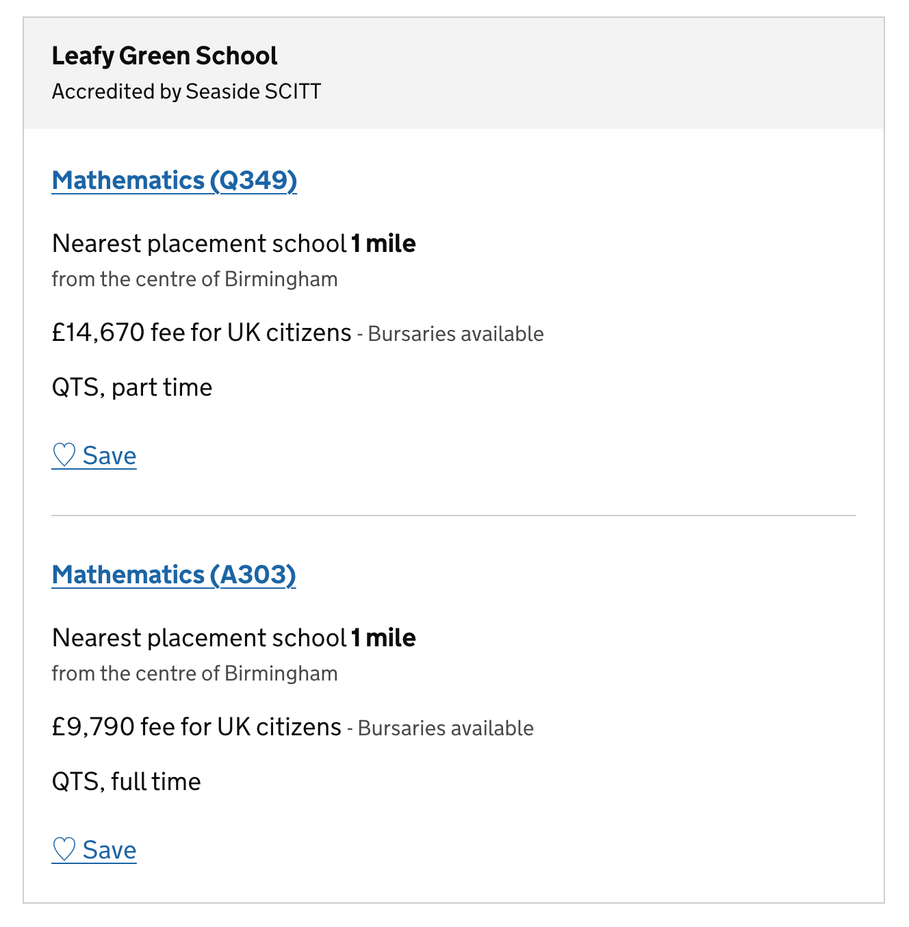 Course results for Leafy Green School with Seaside SCITT shown as the accredited provider below the provider’s name