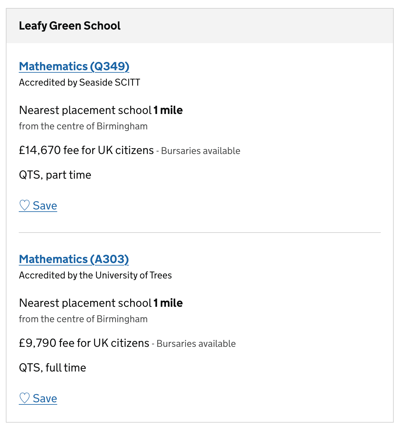 Course result for Leafy Green School with Seaside SCITT shown as the accredited provider below the first course name and the University of Trees shown as the accredited provider below the second course name