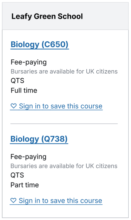 Final design for testing which shows a result with two courses of the same provider grouped together