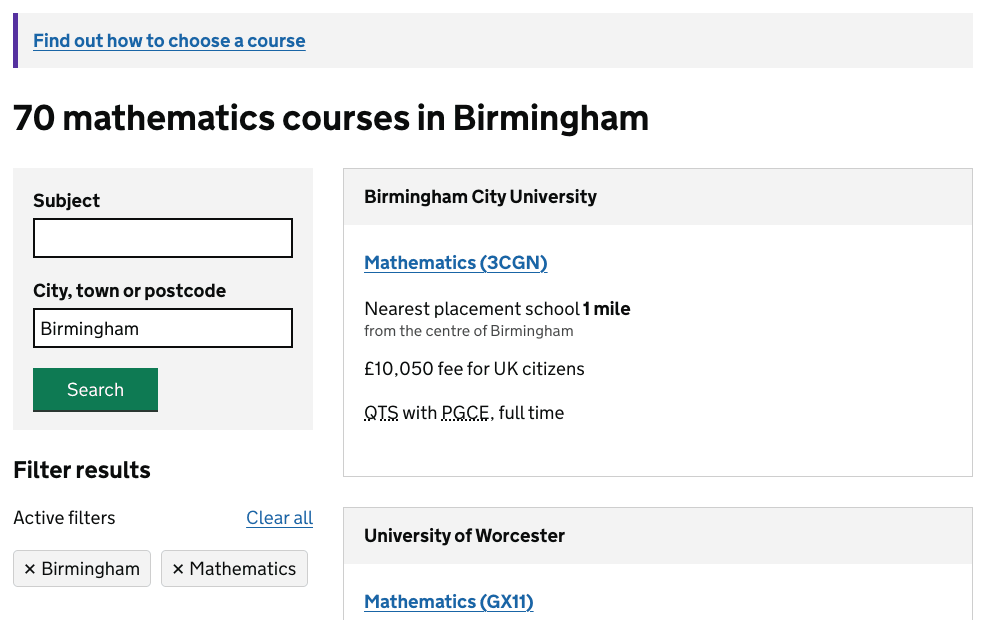 Search results for mathematics in Birmingham, with the location search above the filters and course results alongside them.