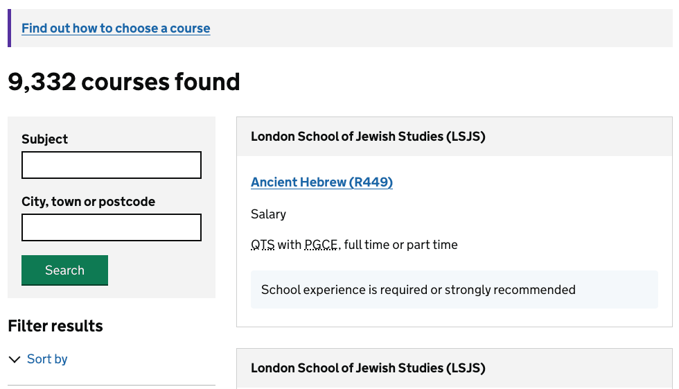 Search results with subject and location search inputs positioned above the filters to the left of the course results.