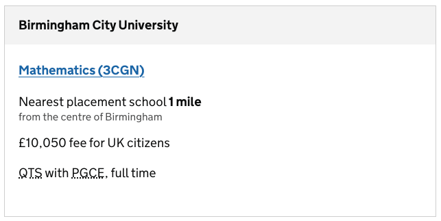 Course result stating that the nearest placement school is 1 mile from the centre of London