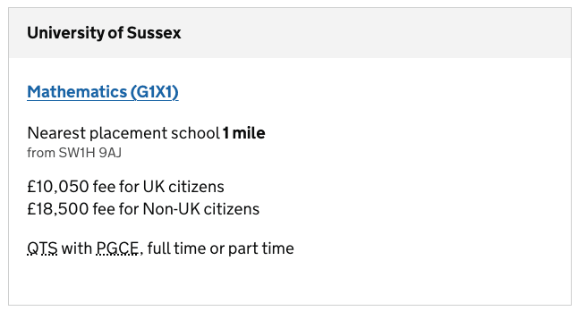 Course result stating that the nearest placement school is 1 mile from SE14 London