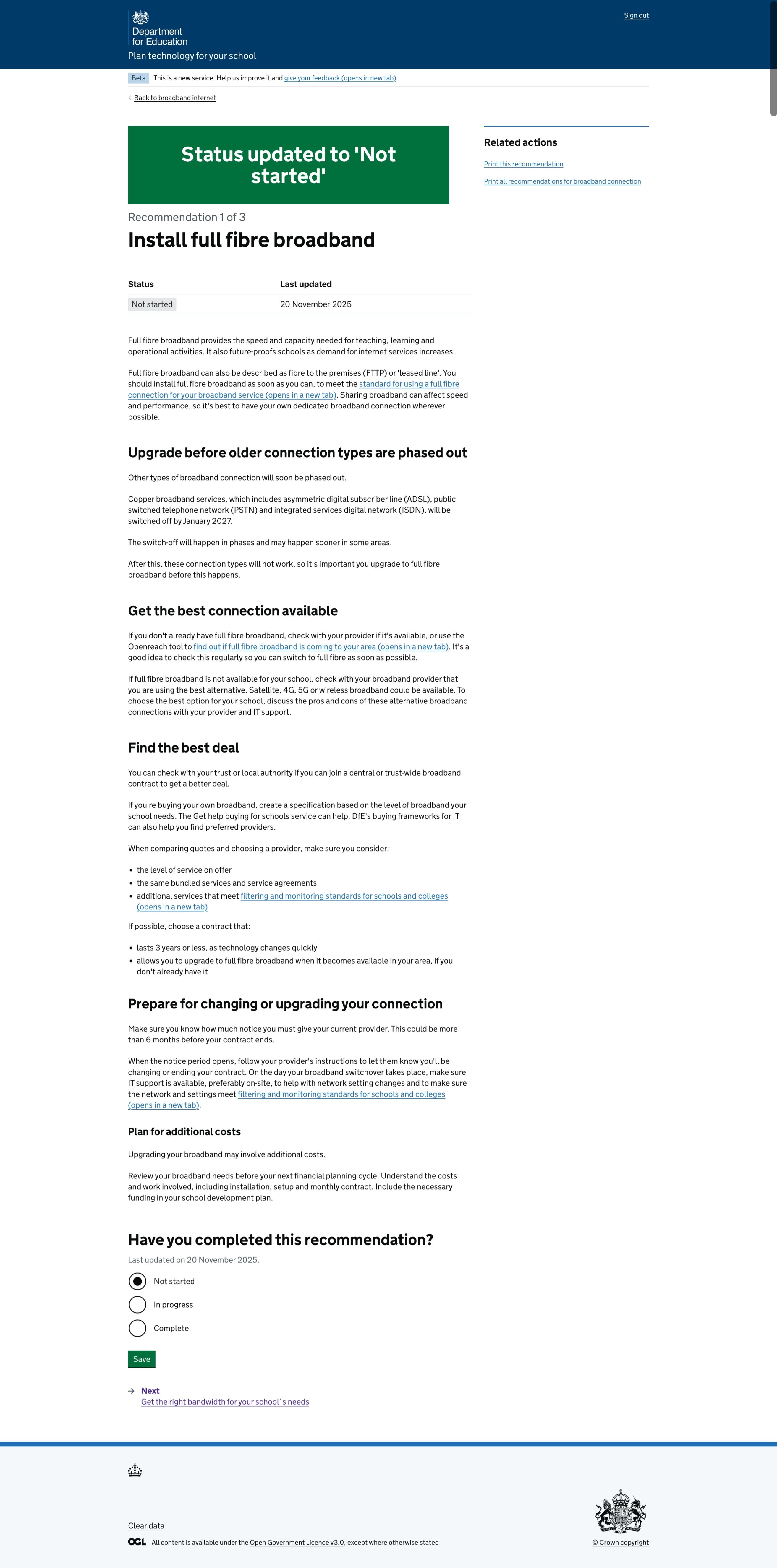 Screenshot of single recommendation page showing list of actions and radio buttons to update status.jpeg