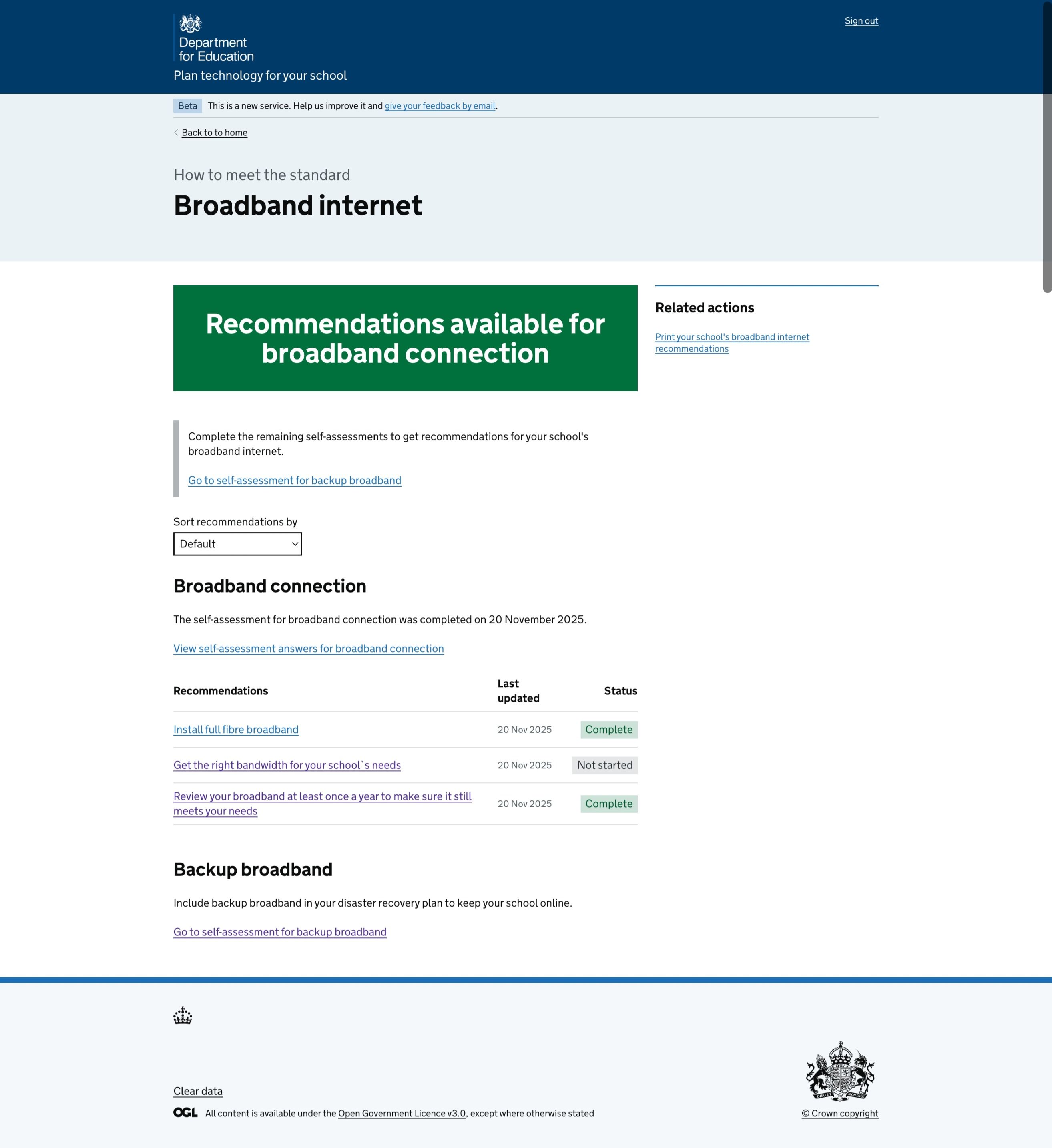 A screenshot of the Plan technology for your school Broadband internet standard page, after completing a self-assessment for ‘Broadband connection’. There’s a list of recommendations with statuses of ‘Complete’ and ‘Not started’ next to each of them.