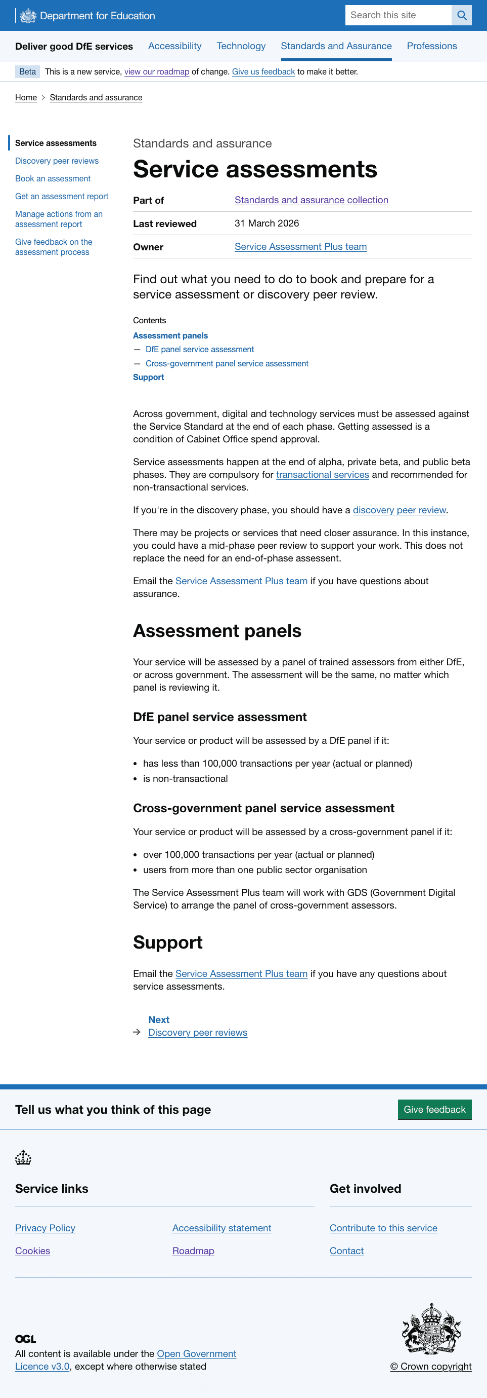 Service assessments detailed guide example, with content navigation on lefthand side and reference to what collection it is part of, review date and content owner