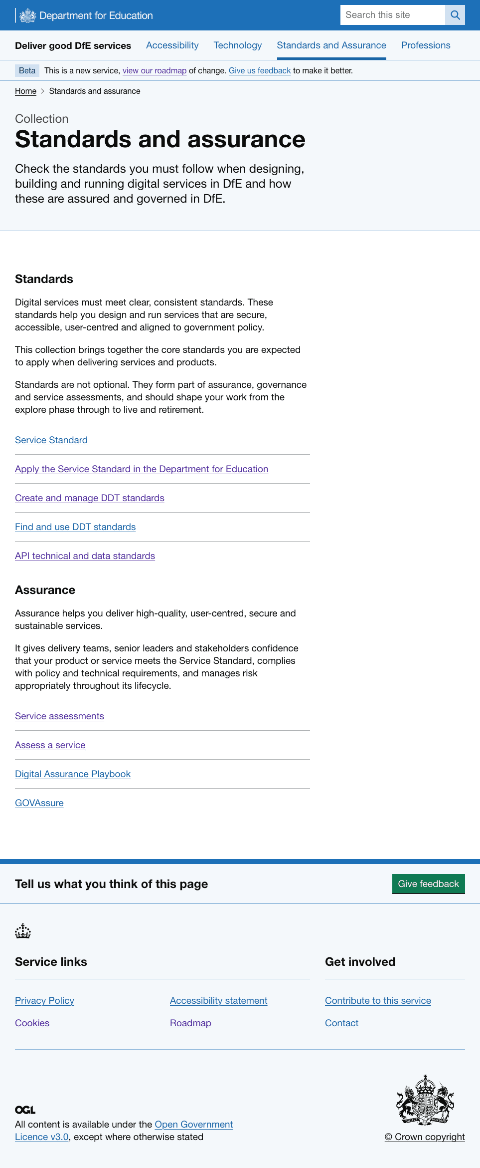 Collection content type for standard and assurance with intro paragraph about the collection and links to DfE guidance and GOV.UK standards.