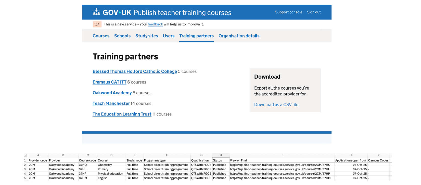 Training partners page on Publish and CSV download