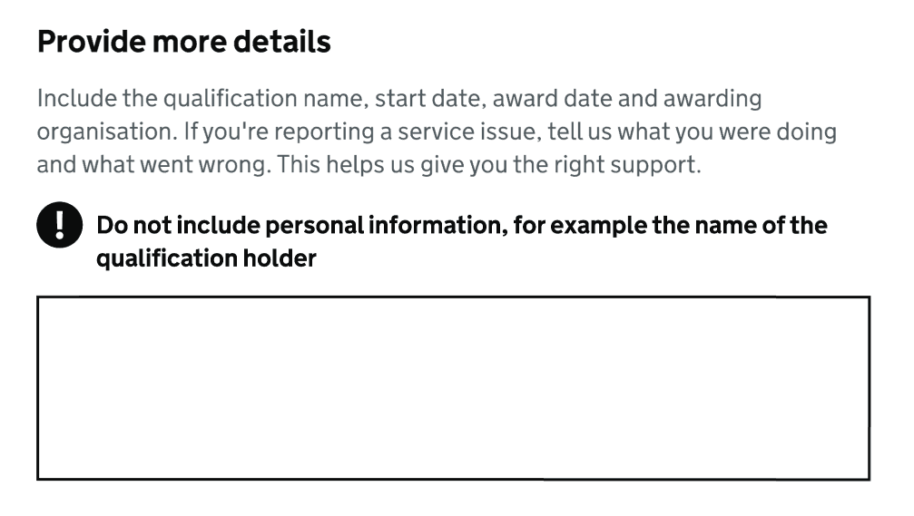 screenshot of the updated hint text under the provide more details field