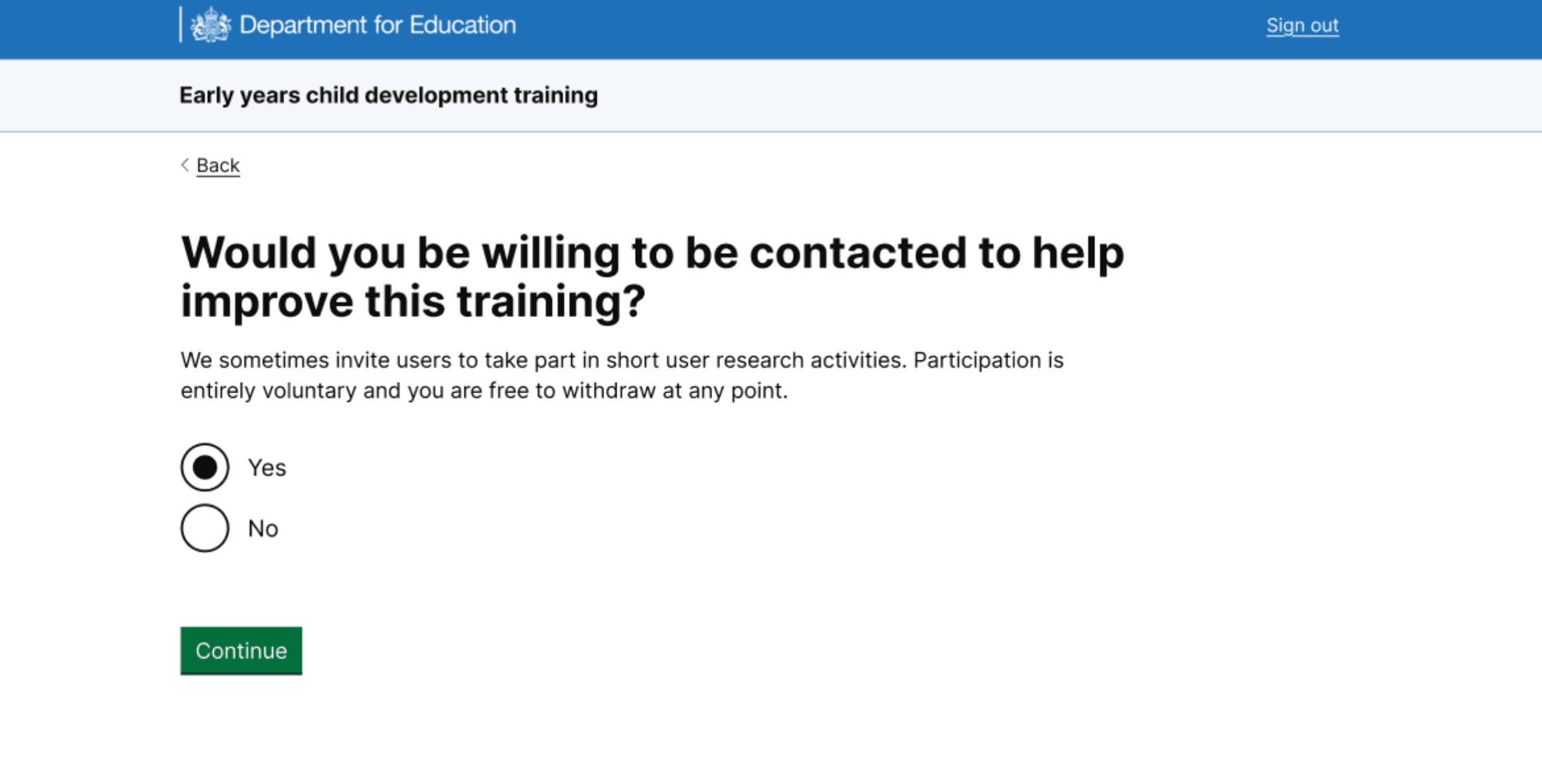 A page asking users if they want to take part in user research, with yes and no options.