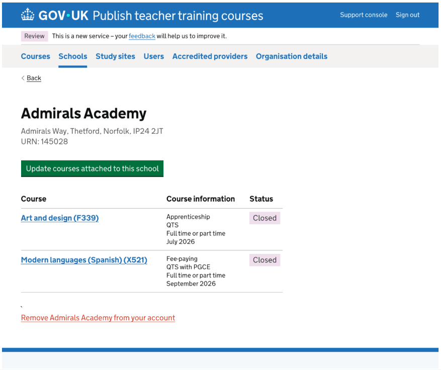 Viewing courses attached to schools on Publish