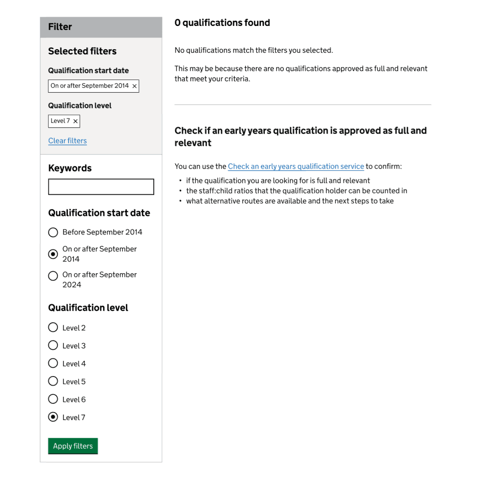 screenshot of the webview MVP with some filters applied and no results