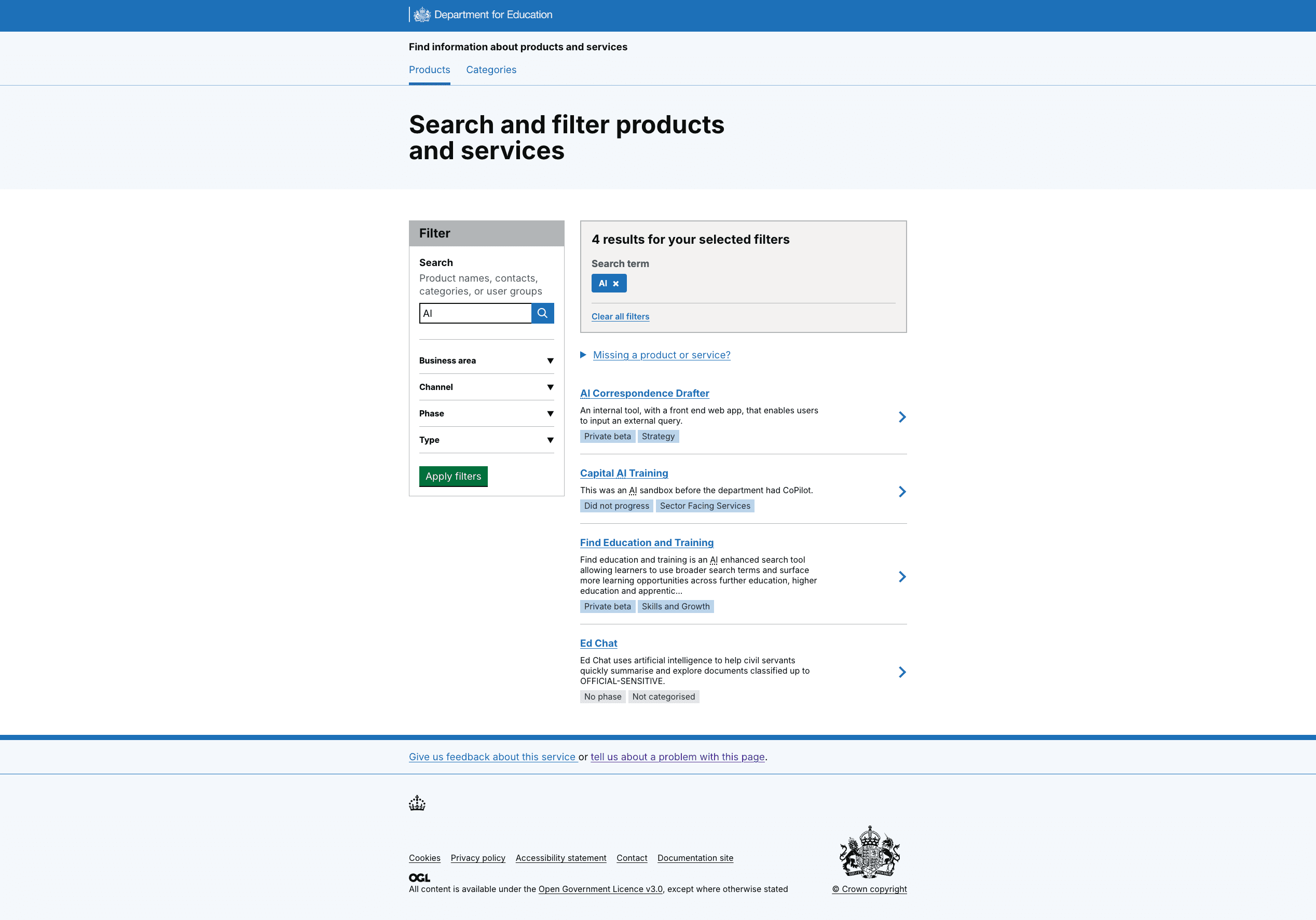 Screenshot of a search for AI with 4 services showing in search results