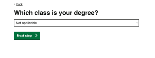 Screenshot of old 'Which class is your degree?' question on the adviser funnel
