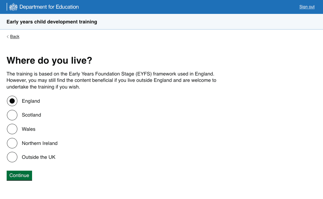 A page asking users where they live, with options including England and outside England