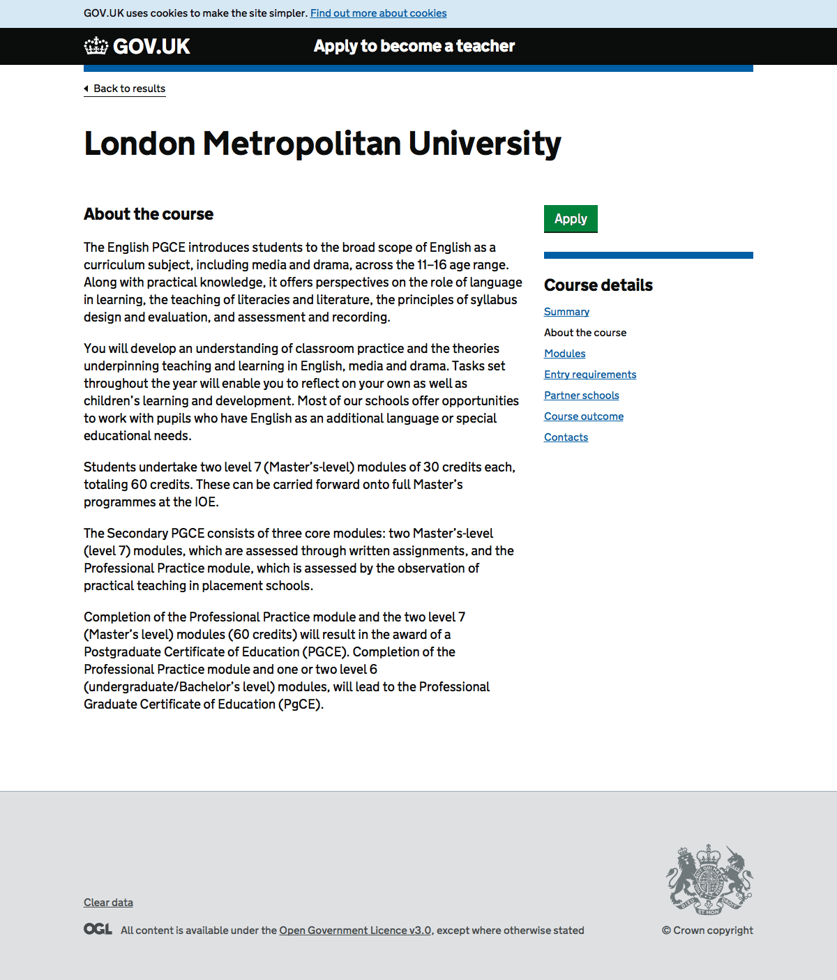 Screenshot of the about the course page of Find teacher training courses