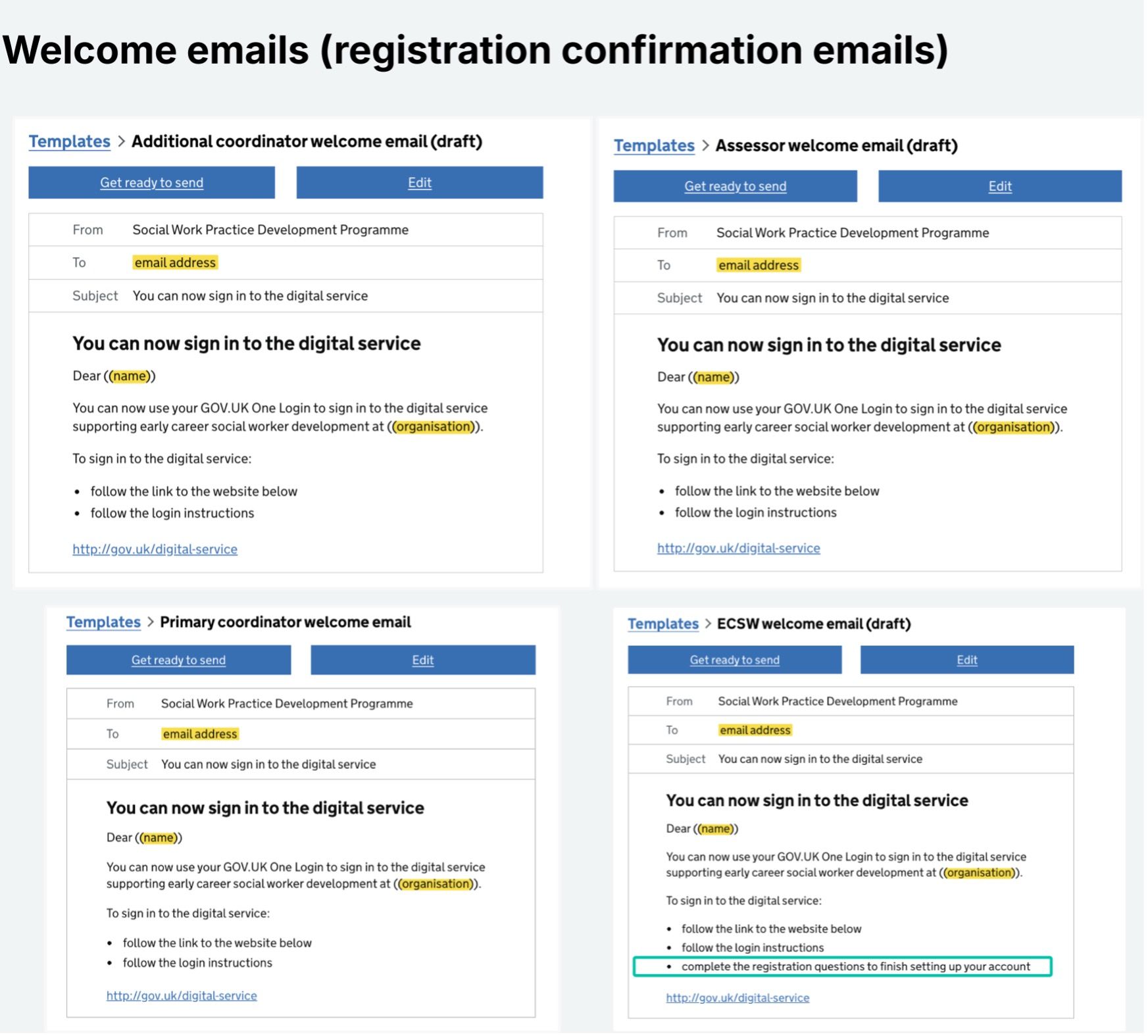 Layout on a Lucid board showing original number of email templates before consolidation. A green highlight on one bullet point shows the only variation of content.