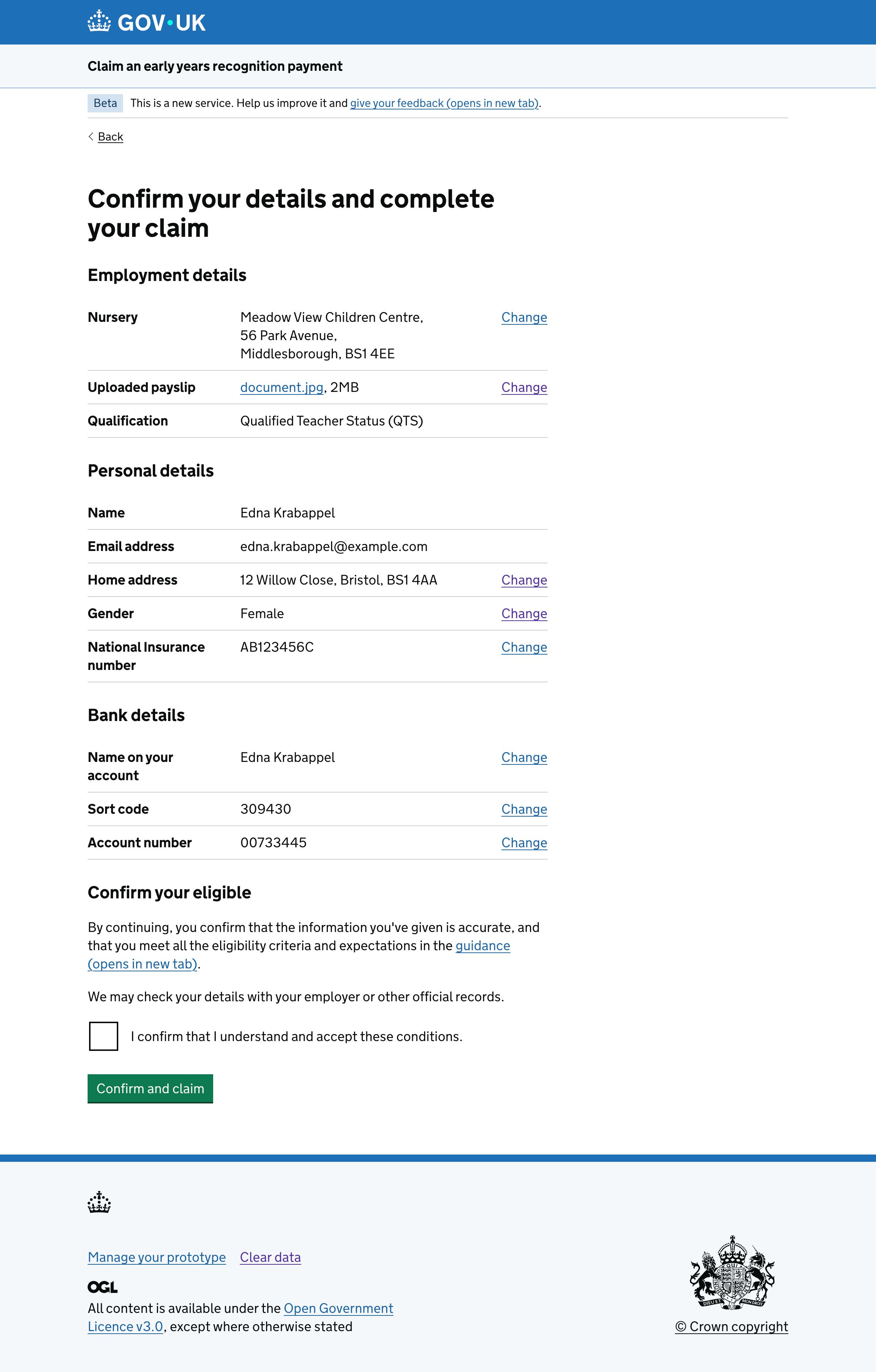 GOV.UK claim summary page showing employment, personal, and bank details for review before submitting an early years recognition payment claim.