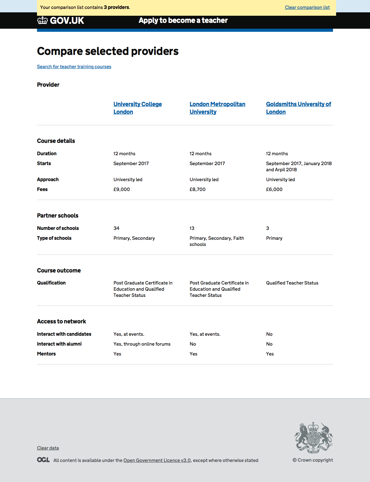 Screenshot of the compare results page of Find teacher training courses