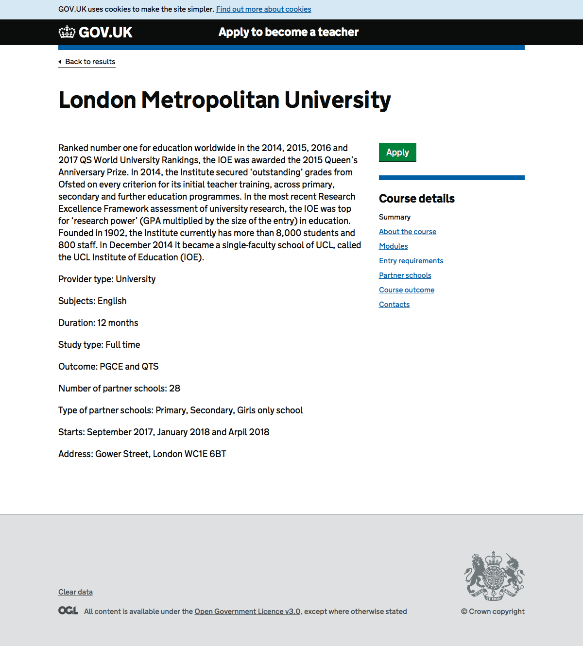 Screenshot of the course details page of Find teacher training courses