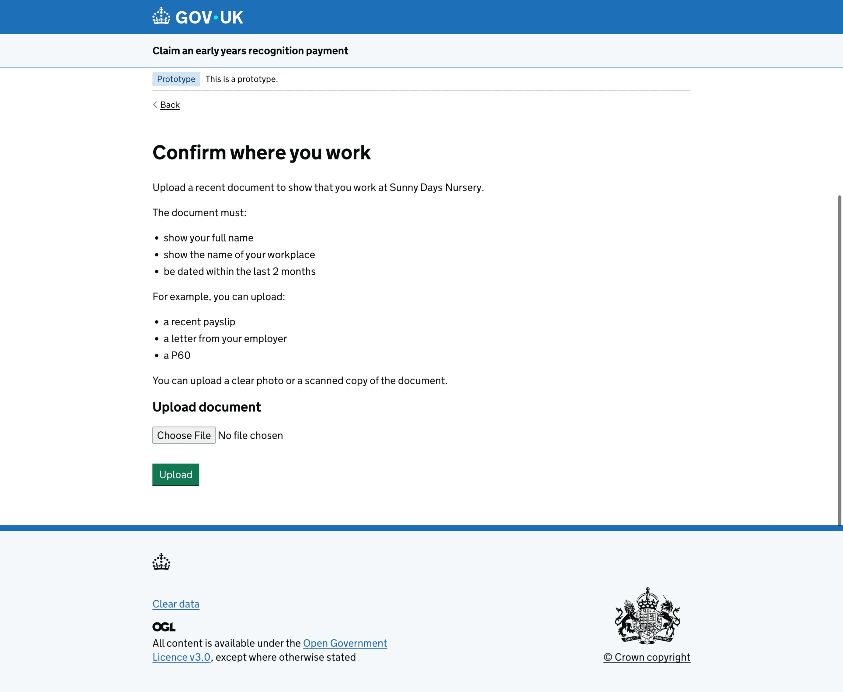 Screenshot of a GOV.UK prototype page titled "Confirm where you work". The page asks users to upload a recent document proving they work at Sunny Days Nursery, lists acceptable evidence and requirements, and includes a file upload field and Upload button.