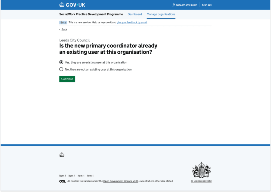 A screenshot of a dynamic question page, with two options. The question asks if the user is an existing user and the options are yes or no