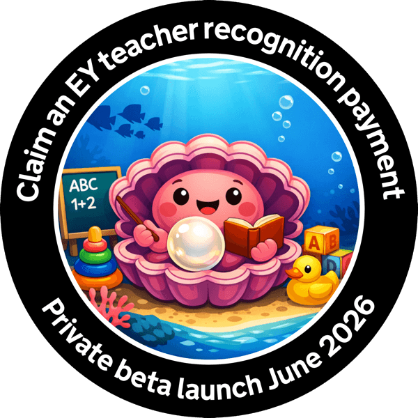 Circular promotional graphic for the Early Years teacher recognition payment private beta launch in June 2026.