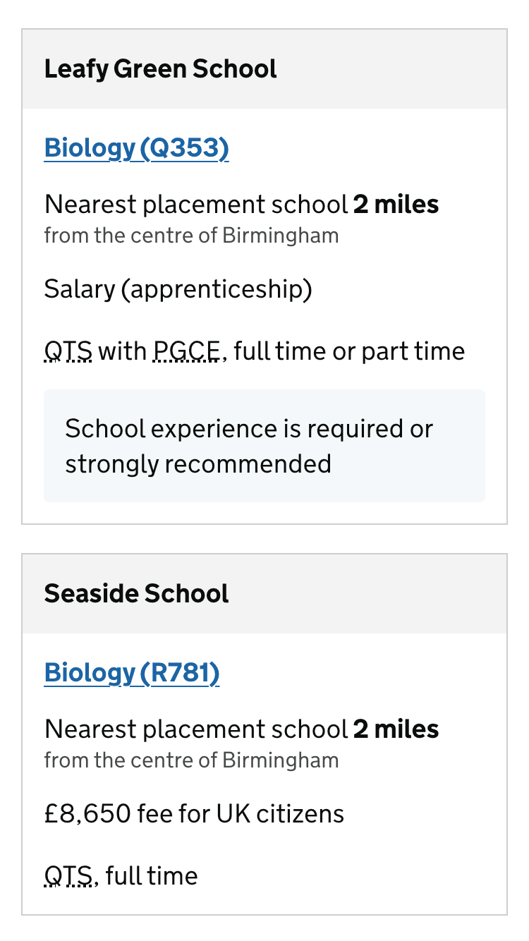 Final design of the search results for implementation, showing two single course results