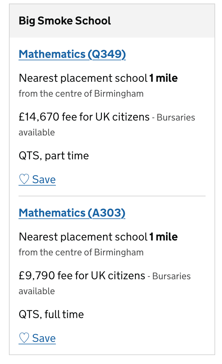 Final design of the search results for implementation, showing a group of two courses by the same provider