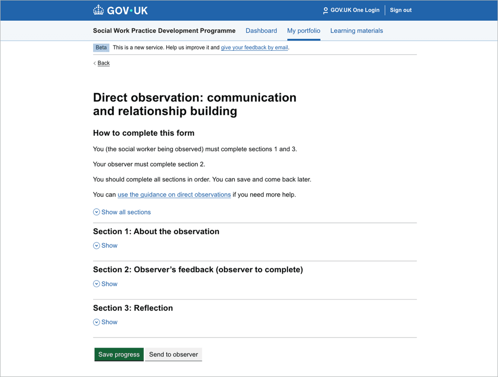 Screen showing the direct observation form using the accordion component in a state where all sections are collapsed